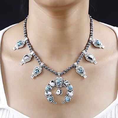 D'Joy Artisan Crafted Blue Moon Turquoise and White Buffalo Squash Blossom Necklace 18-20 Inches in Sterling Silver 47.85 ctw