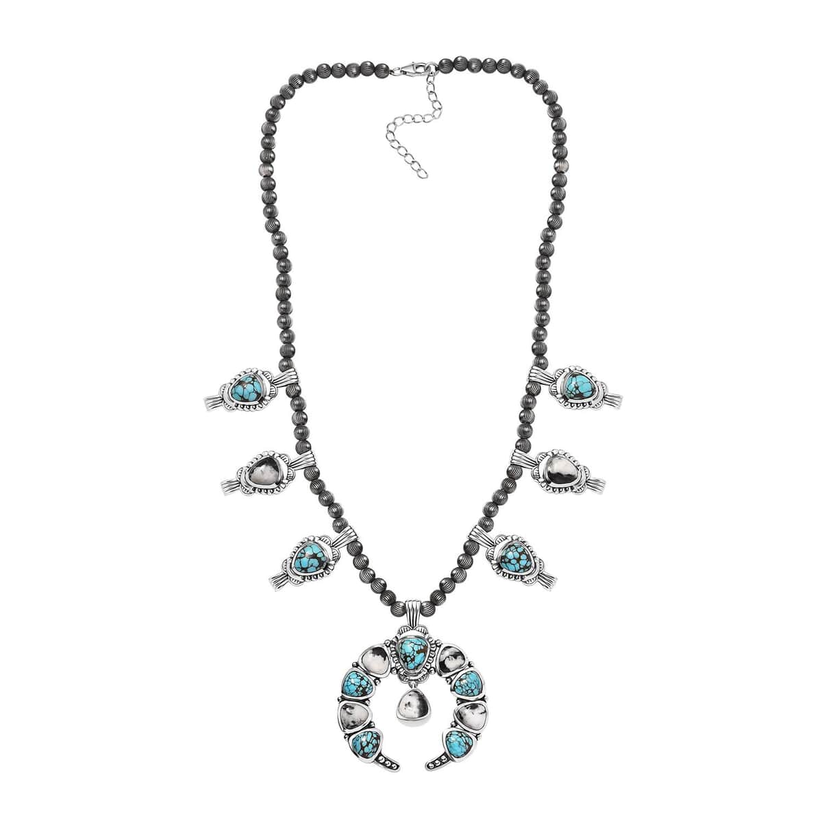 Artisan Crafted Blue Moon Turquoise and White Buffalo Squash Blossom Necklace 18-20 Inches in Sterling Silver 47.85 ctw (Del. in 10-12 Days) image number 3