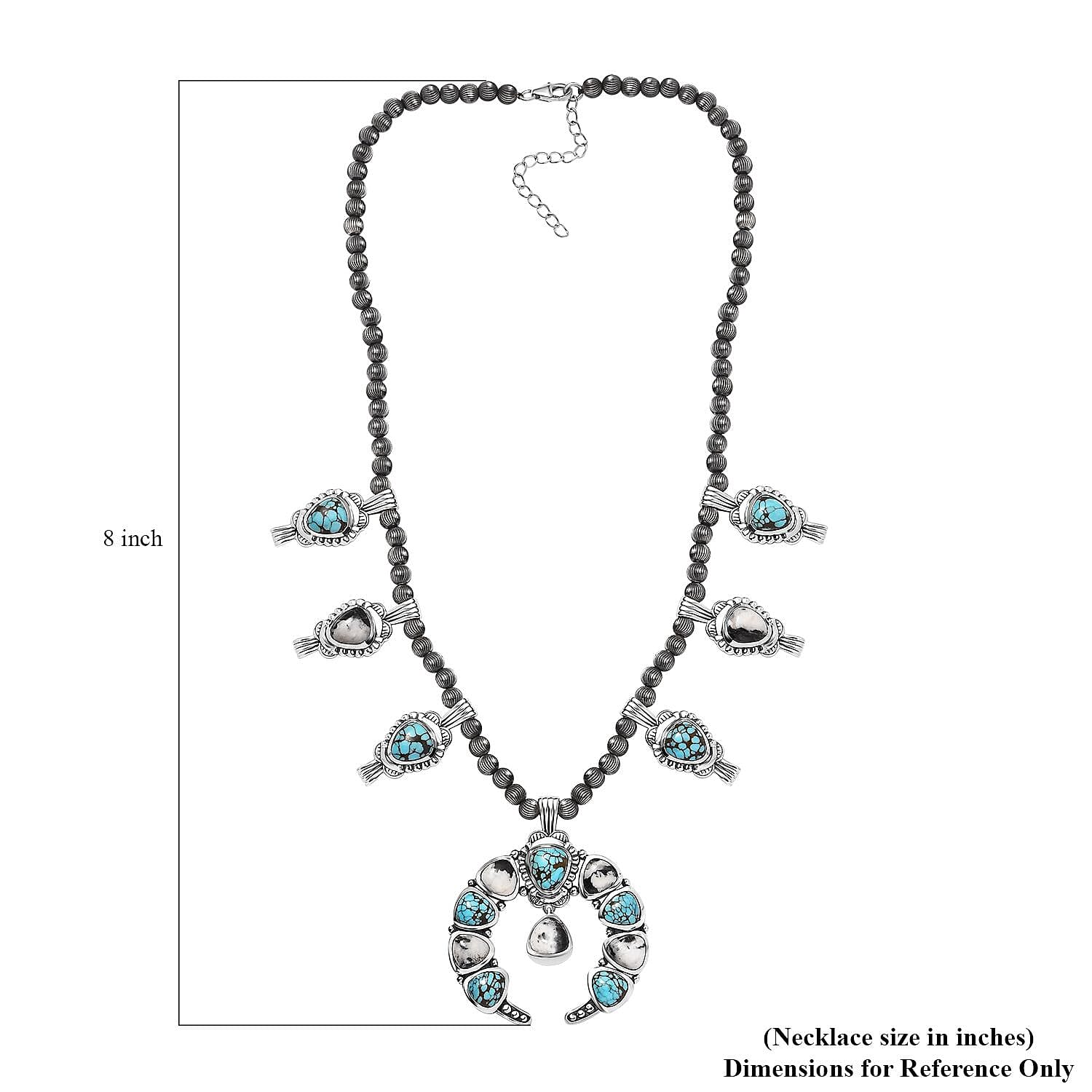 D'Joy Artisan Crafted Blue Moon Turquoise and White Buffalo Squash Blossom Necklace 18-20 Inches in Sterling Silver 47.85 ctw