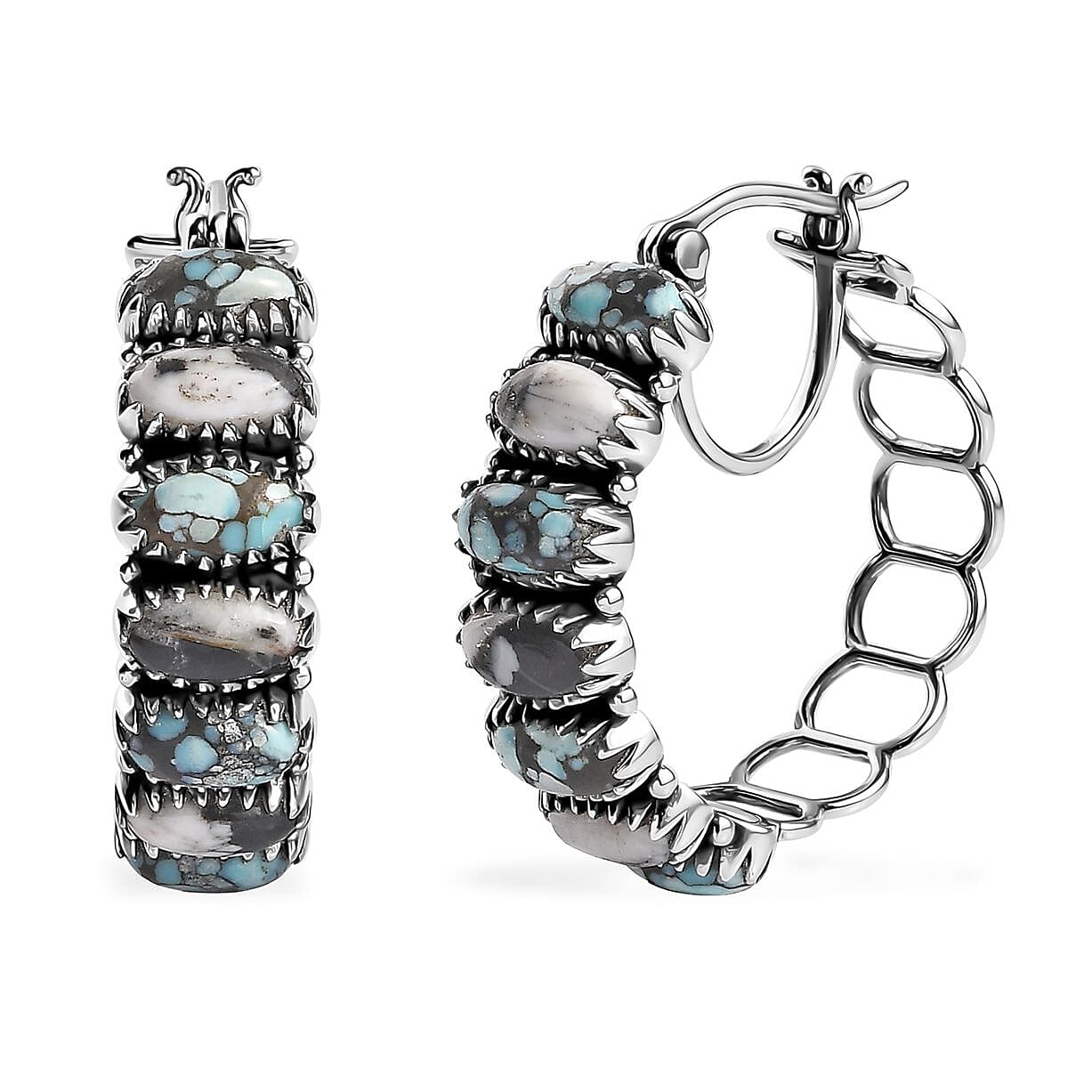 Artisan Crafted Blue Moon Turquoise and White Buffalo Hoop Earrings in Sterling Silver 8.50 ctw