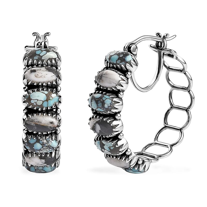 Artisan Crafted Blue Moon Turquoise and White Buffalo Hoop Earrings in Sterling Silver 8.50 ctw