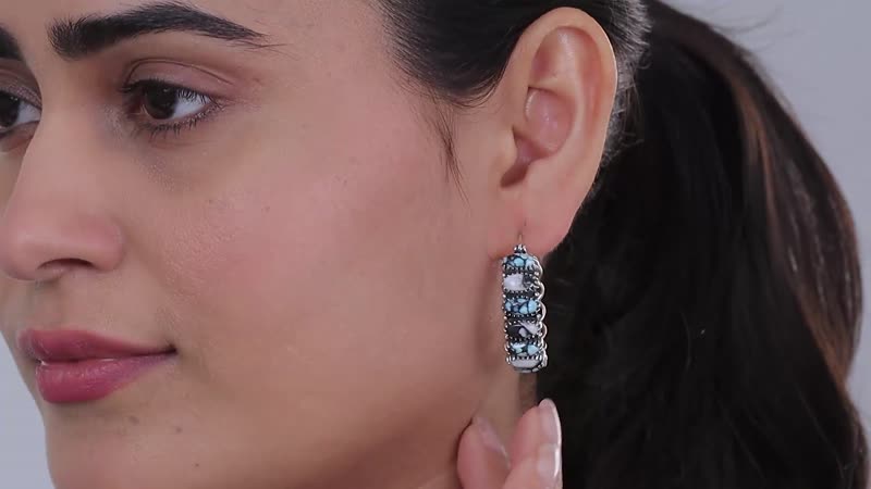 Artisan Crafted Blue Moon Turquoise and White Buffalo Hoop Earrings in Sterling Silver 8.50 ctw