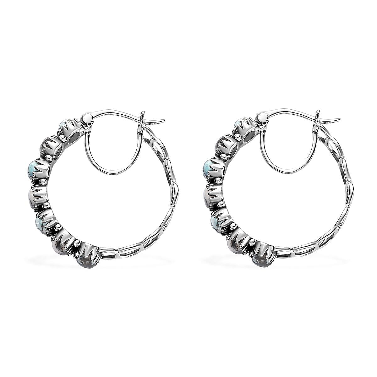 Artisan Crafted Blue Moon Turquoise and White Buffalo Hoop Earrings in Sterling Silver 8.50 ctw