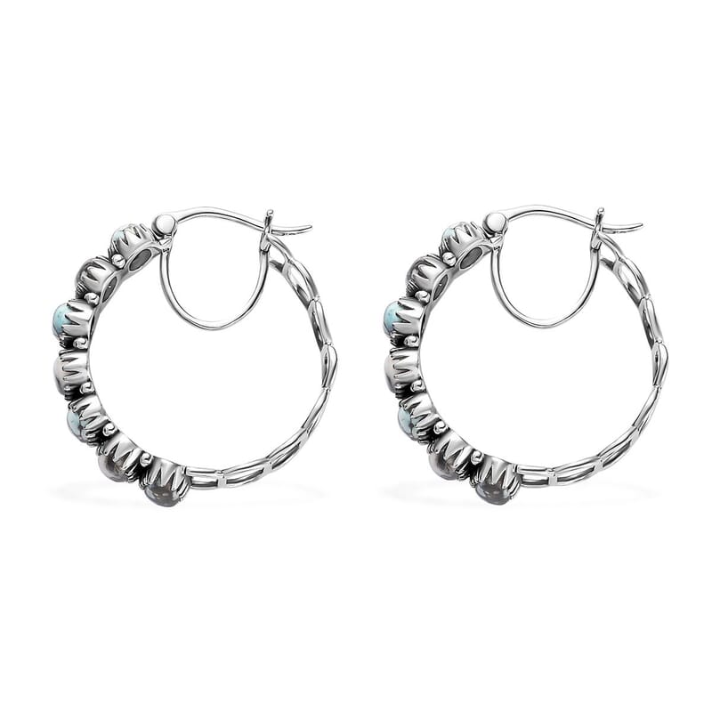 Artisan Crafted Blue Moon Turquoise and White Buffalo Hoop Earrings in Sterling Silver 8.50 ctw