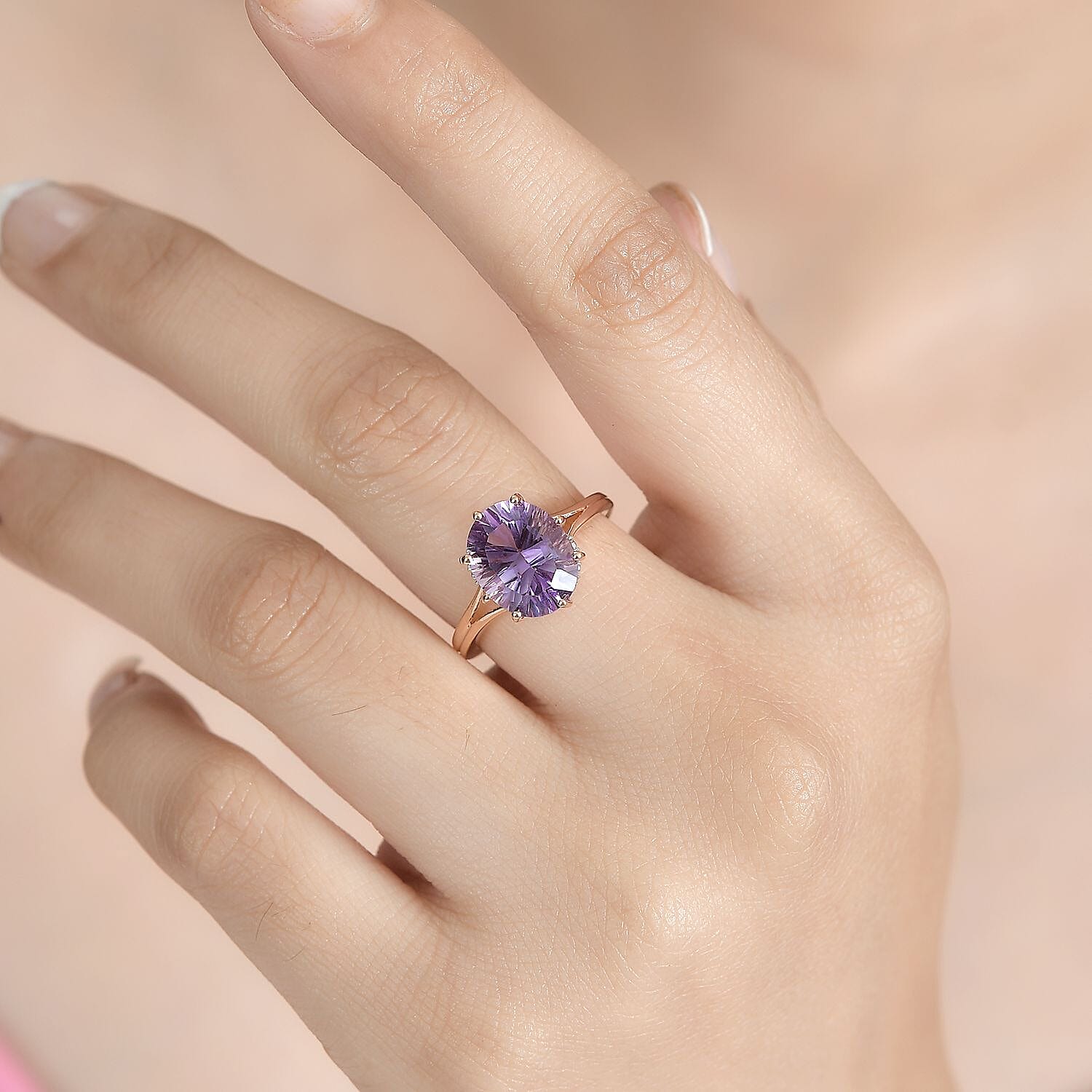 Rose De France Amethyst Solitaire Ring in Vermeil Rose Gold Over Sterling Silver (Size 5.0) 3.35 ctw