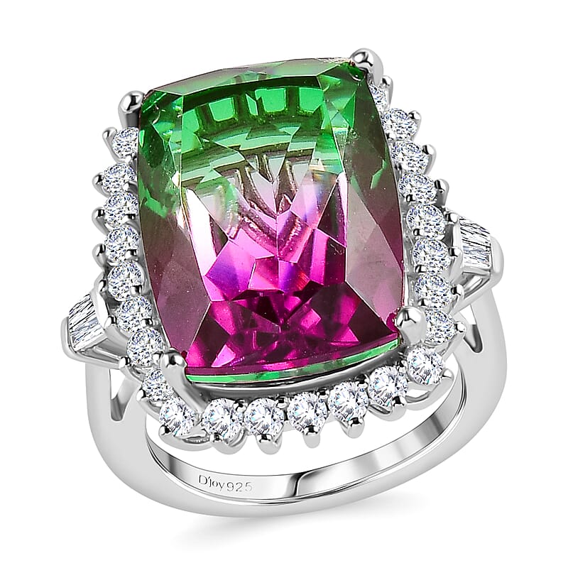 Watermelon Quartz (Triplet) and White Zircon Ring in Platinum Over Sterling Silver (Size 6.0) 16.10 ctw