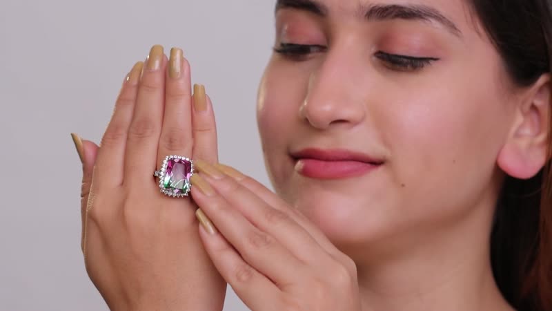 Watermelon Quartz, White Zircon Ring in Platinum Over Sterling Silver (Size 6.0) 16.10 ctw