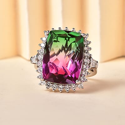 Watermelon Quartz (Triplet) and White Zircon Ring in Platinum Over Sterling Silver (Size 6.0) 16.10 ctw