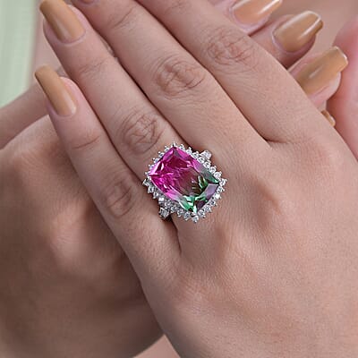 Watermelon Quartz (Triplet) and White Zircon Ring in Platinum Over Sterling Silver (Size 6.0) 16.10 ctw