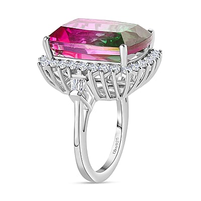 Watermelon Quartz (Triplet) and White Zircon Ring in Platinum Over Sterling Silver (Size 6.0) 16.10 ctw