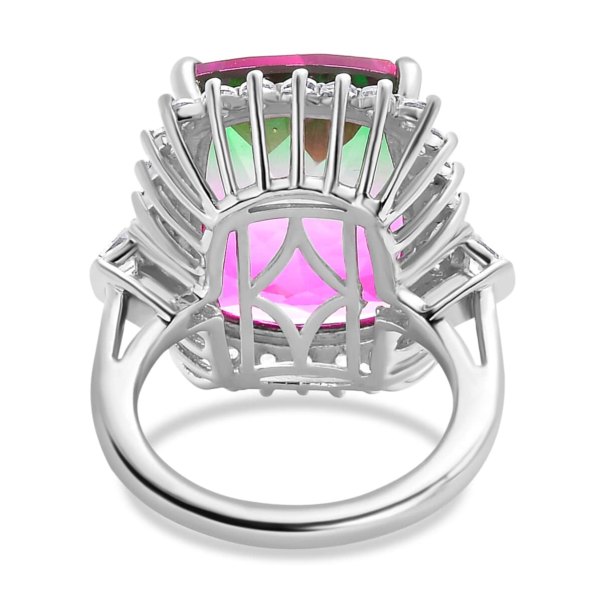 Watermelon Quartz, White Zircon Ring in Platinum Over Sterling Silver (Size 6.0) 16.10 ctw image number 4