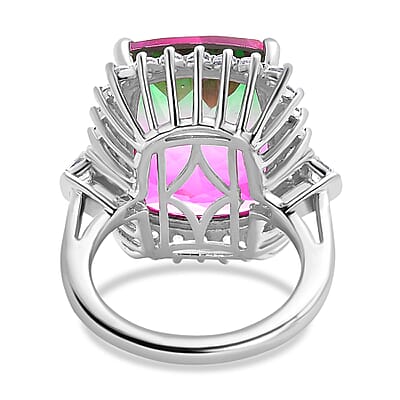 Watermelon Quartz (Triplet) and White Zircon Ring in Platinum Over Sterling Silver (Size 6.0) 16.10 ctw