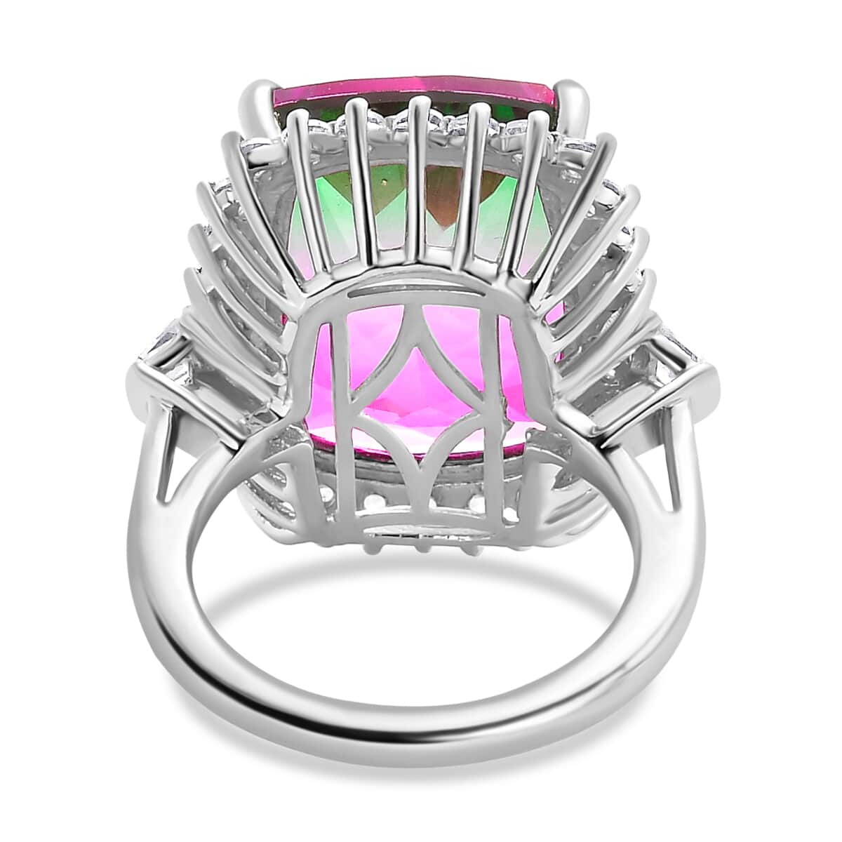 Watermelon Quartz (Triplet) and White Zircon Ring in Platinum Over Sterling Silver (Size 8.0) 16.10 ctw image number 4