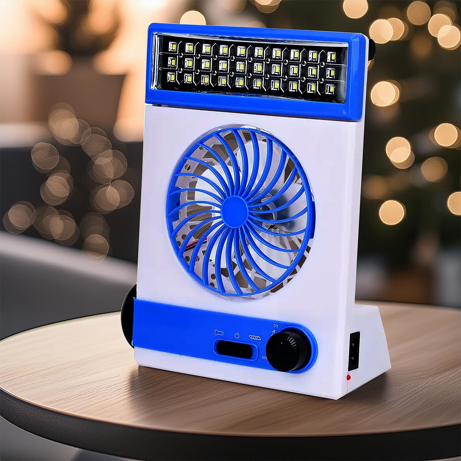 2-In-1 Blue Solar Fan with Light and Torch (Support USB, 1500mAh)