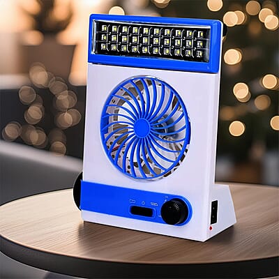 2-In-1 Blue Solar Fan with Light and Torch (Support USB, 1500mAh)