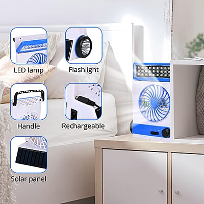 2-In-1 Blue Solar Fan with Light and Torch (Support USB, 1500mAh)