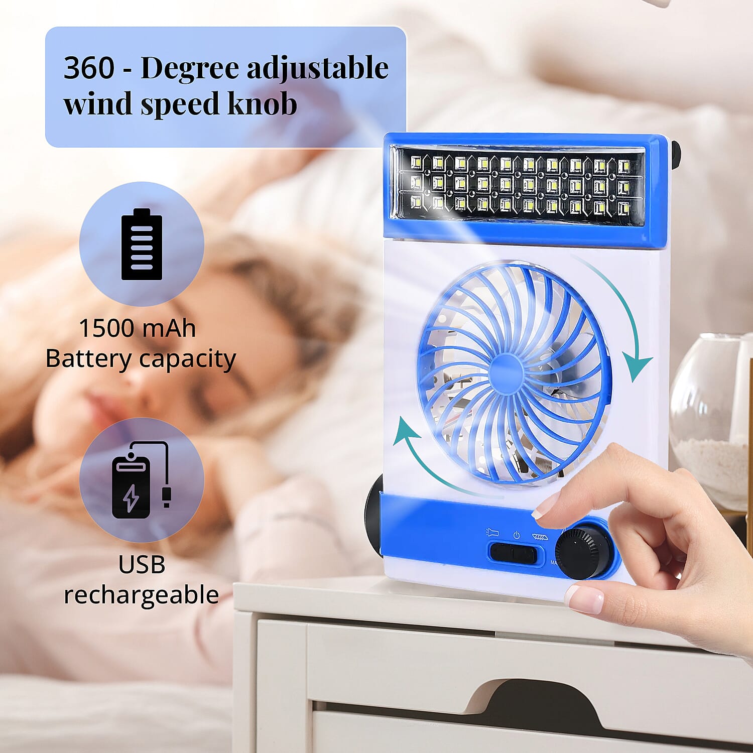 2-In-1 Blue Solar Fan with Light and Torch (Support USB, 1500mAh)
