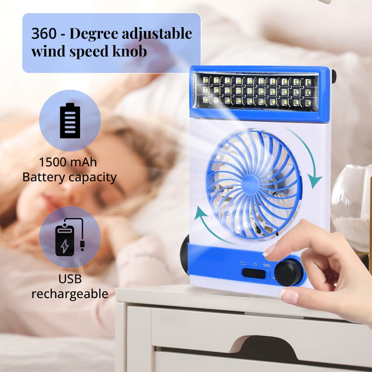 2-In-1 Blue Solar Fan with Light and Torch (Support USB, 1500mAh) image number 3