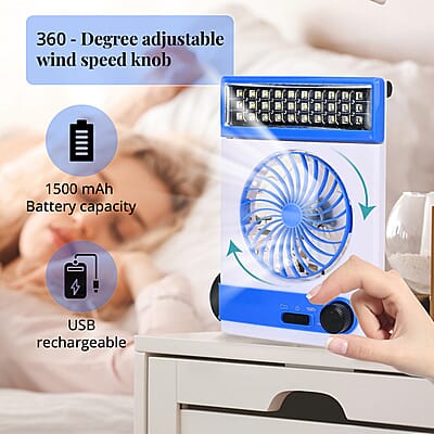 2-In-1 Blue Solar Fan with Light and Torch (Support USB, 1500mAh)