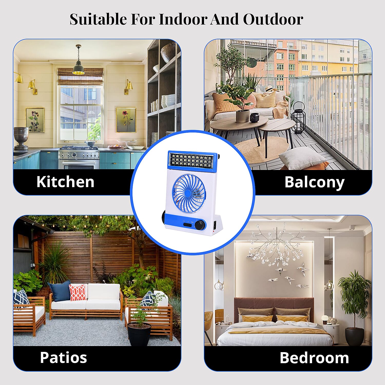 2-In-1 Blue Solar Fan with Light and Torch (Support USB, 1500mAh)