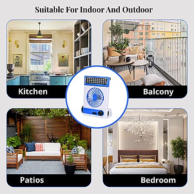 2-In-1 Blue Solar Fan with Light and Torch (Support USB, 1500mAh)