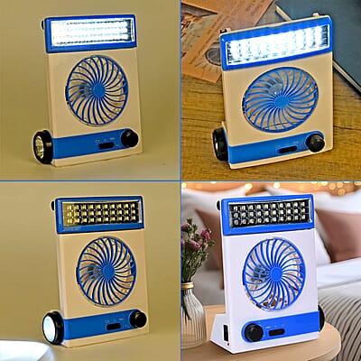 2-In-1 Blue Solar Fan with Light and Torch (Support USB, 1500mAh)