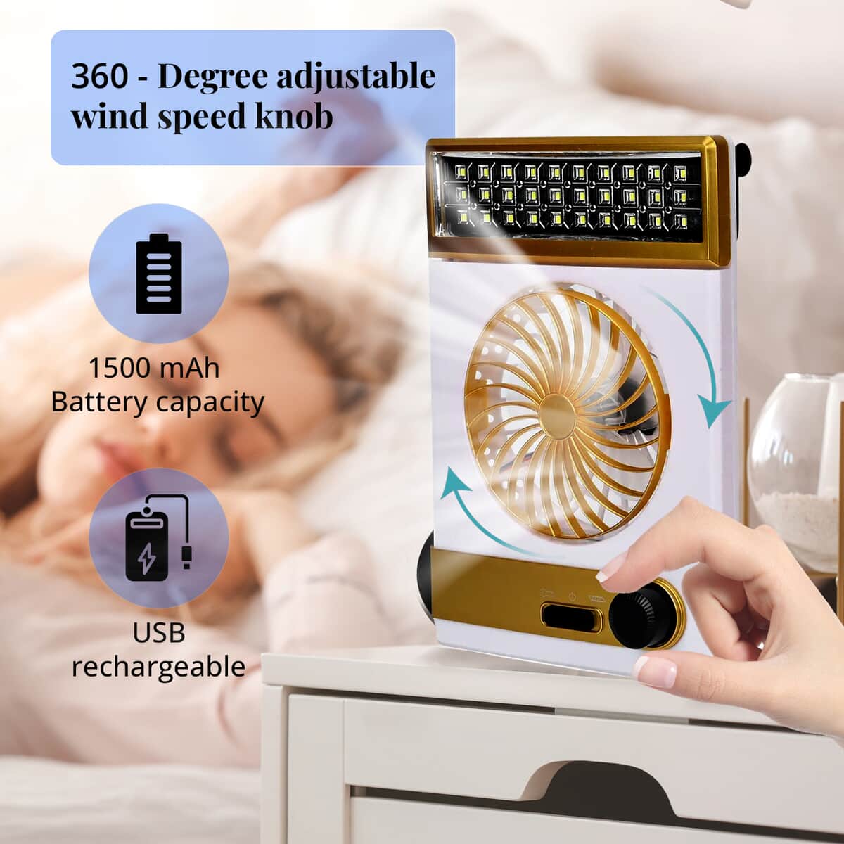 2-In-1 Golden Solar Fan with Light and Torch (Support USB, 1500mAh) image number 3