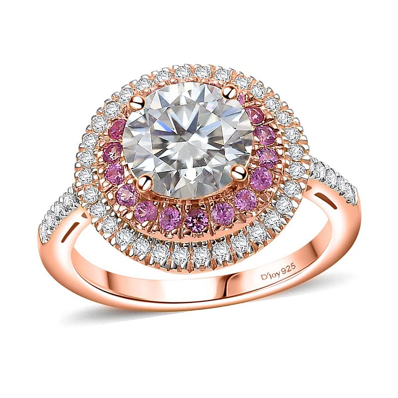 Moissanite and Madagascar Pink Sapphire 2.40 ctw Ring in Vermeil Rose Gold Over Sterling Silver (Size 6.0)
