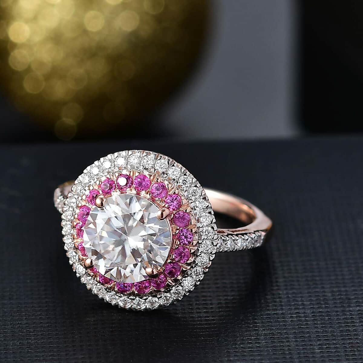 Moissanite and Madagascar Pink Sapphire 2.40 ctw Ring in Vermeil Rose Gold Over Sterling Silver (Size 6.0) image number 1