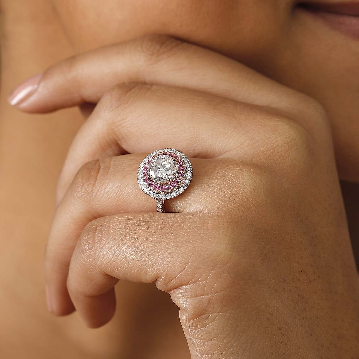 Moissanite and Madagascar Pink Sapphire 2.40 ctw Ring in Vermeil Rose Gold Over Sterling Silver (Size 9.0) image number 2