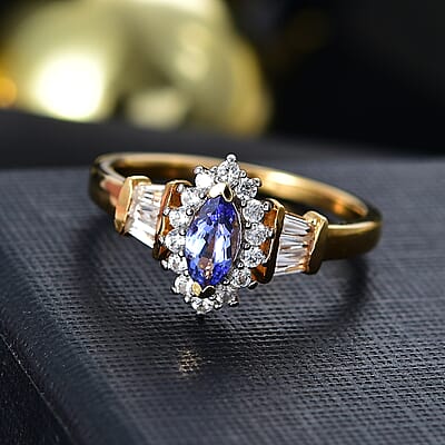 AAA Tanzanite and White Zircon 1.20 ctw Halo Ring in Vermeil Yellow Gold Over Sterling Silver (Size 5.0)