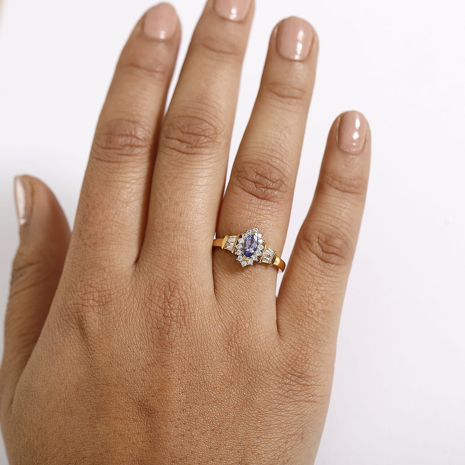 AAA Tanzanite and White Zircon 1.20 ctw Halo Ring in Vermeil Yellow Gold Over Sterling Silver (Size 5.0)