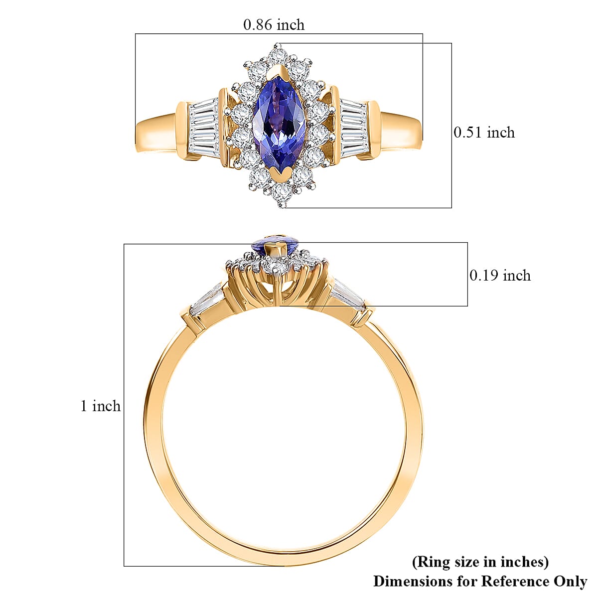 AAA Tanzanite and White Zircon 1.20 ctw Halo Ring in Vermeil Yellow Gold Over Sterling Silver (Size 5.0)