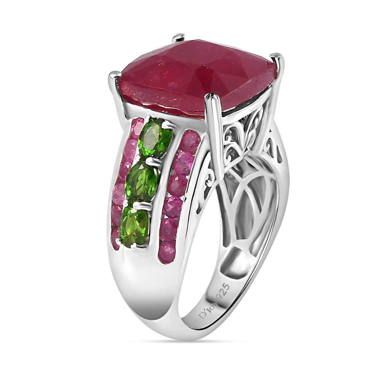 Niassa Ruby (FF) and Chrome Diopside Ring in Platinum Over Sterling Silver (Size 6.0) 16.25 ctw image number 3