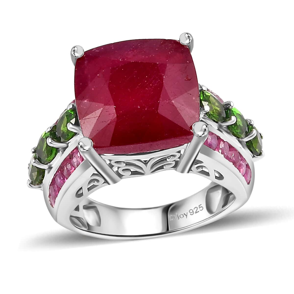 Niassa Ruby (FF) and Chrome Diopside Ring in Platinum Over Sterling Silver (Size 7.0) 16.25 ctw image number 0