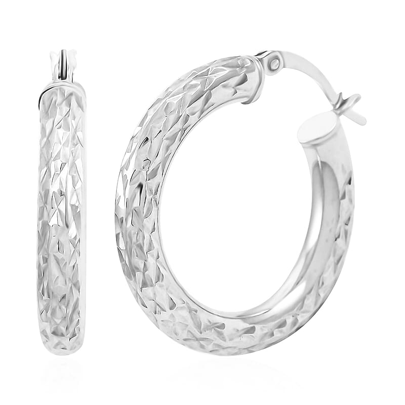 Rhodium Over Sterling Silver Hoop Earrings 3.35 Grams
