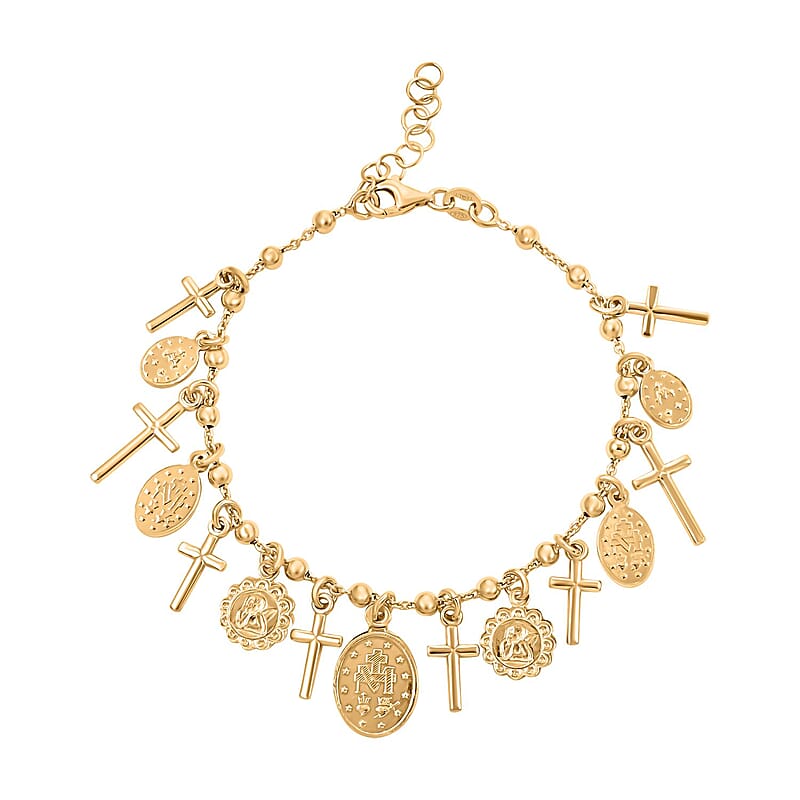 14K Yellow Gold Over Sterling Silver Virgin Mary & Crosses Beaded Rosary Bracelet (8.00 In) 10.15 Grams