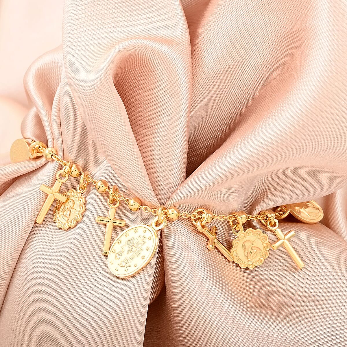 14K Yellow Gold Over Sterling Silver Virgin Mary & Crosses Beaded Rosary Bracelet (8.00 In) 10.15 Grams image number 1