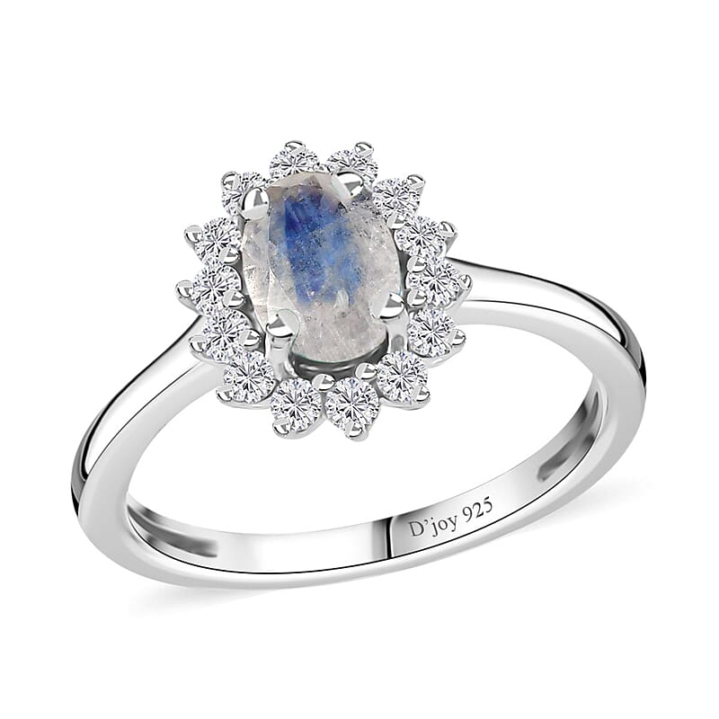 Rainbow Moonstone and White Zircon Ring in Platinum Over Sterling Silver (Size 5.0) 1.15 ctw