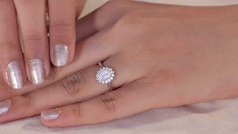 Rainbow Moonstone, White Zircon Ring in Platinum Over Sterling Silver (Size 5.0) 1.15 ctw