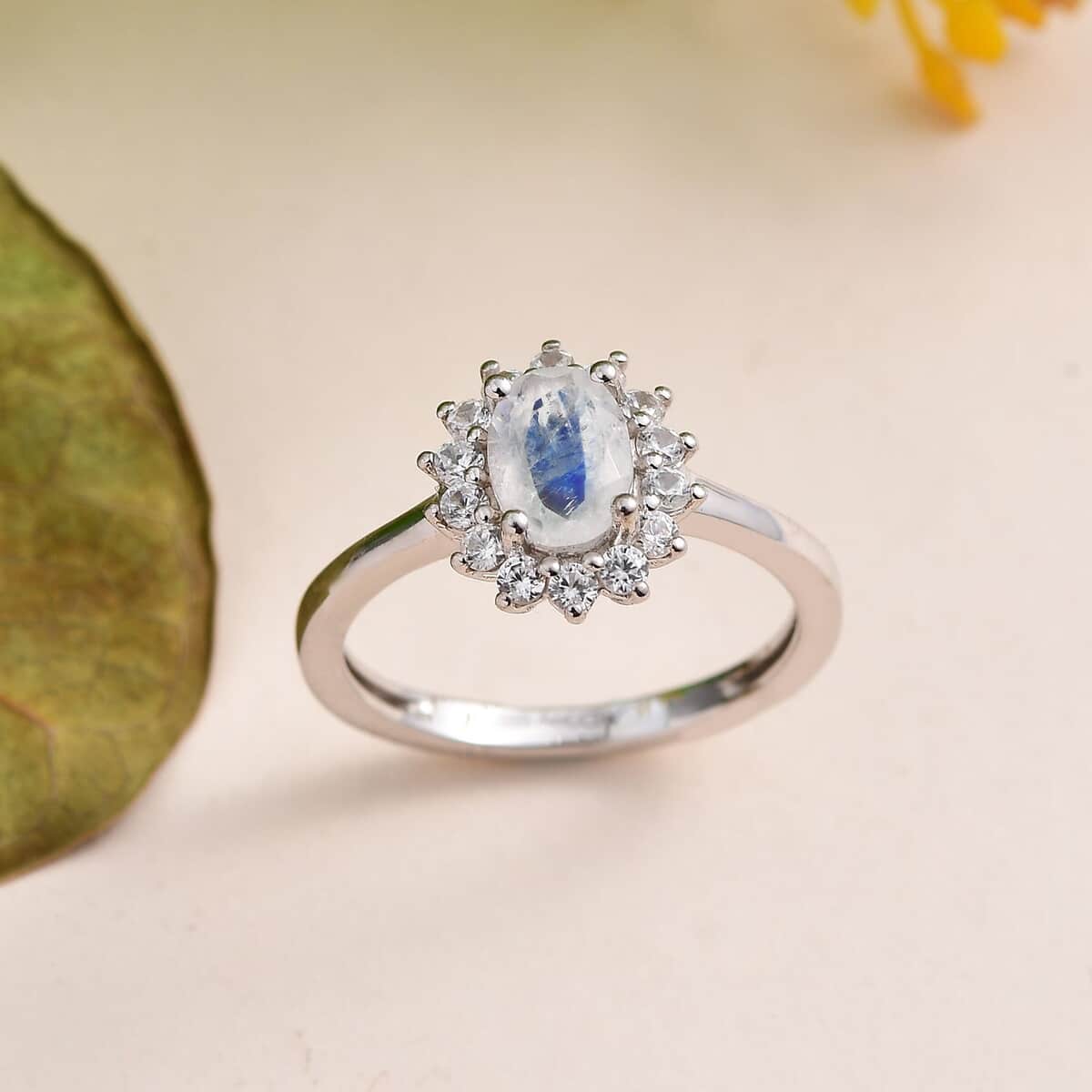 Rainbow Moonstone and White Zircon Ring in Platinum Over Sterling Silver (Size 5.0) 1.15 ctw image number 1