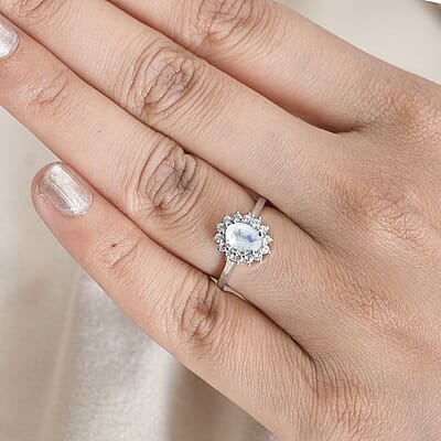 Rainbow Moonstone and White Zircon Ring in Platinum Over Sterling Silver (Size 5.0) 1.15 ctw
