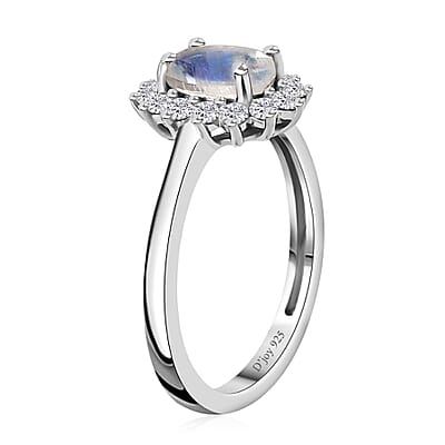Rainbow Moonstone and White Zircon Ring in Platinum Over Sterling Silver (Size 5.0) 1.15 ctw