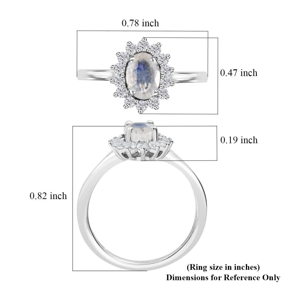 Rainbow Moonstone and White Zircon Ring in Platinum Over Sterling Silver (Size 5.0) 1.15 ctw image number 5