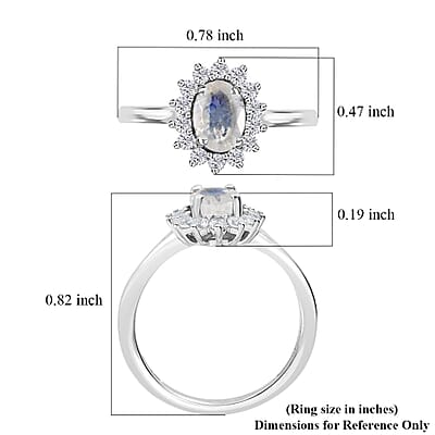 Rainbow Moonstone and White Zircon Ring in Platinum Over Sterling Silver (Size 5.0) 1.15 ctw