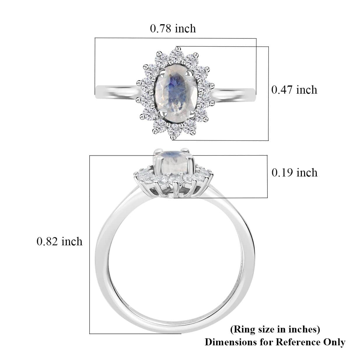 Rainbow Moonstone and White Zircon Ring in Platinum Over Sterling Silver (Size 6.0) 1.15 ctw image number 5