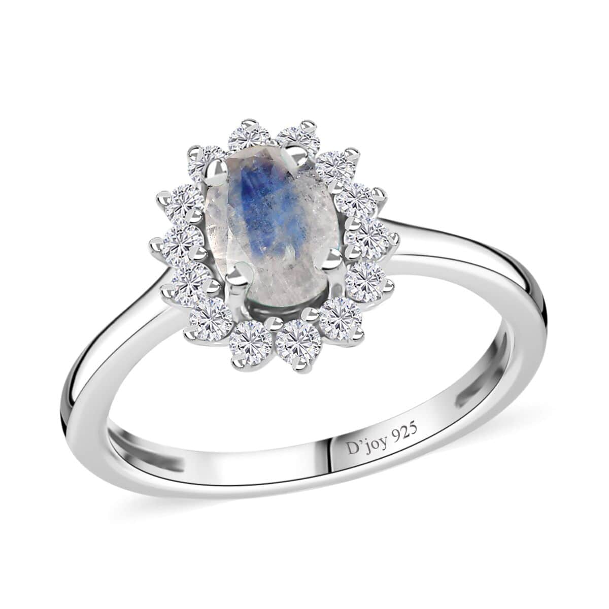 Rainbow Moonstone and White Zircon Ring in Platinum Over Sterling Silver (Size 7.0) 1.15 ctw image number 0