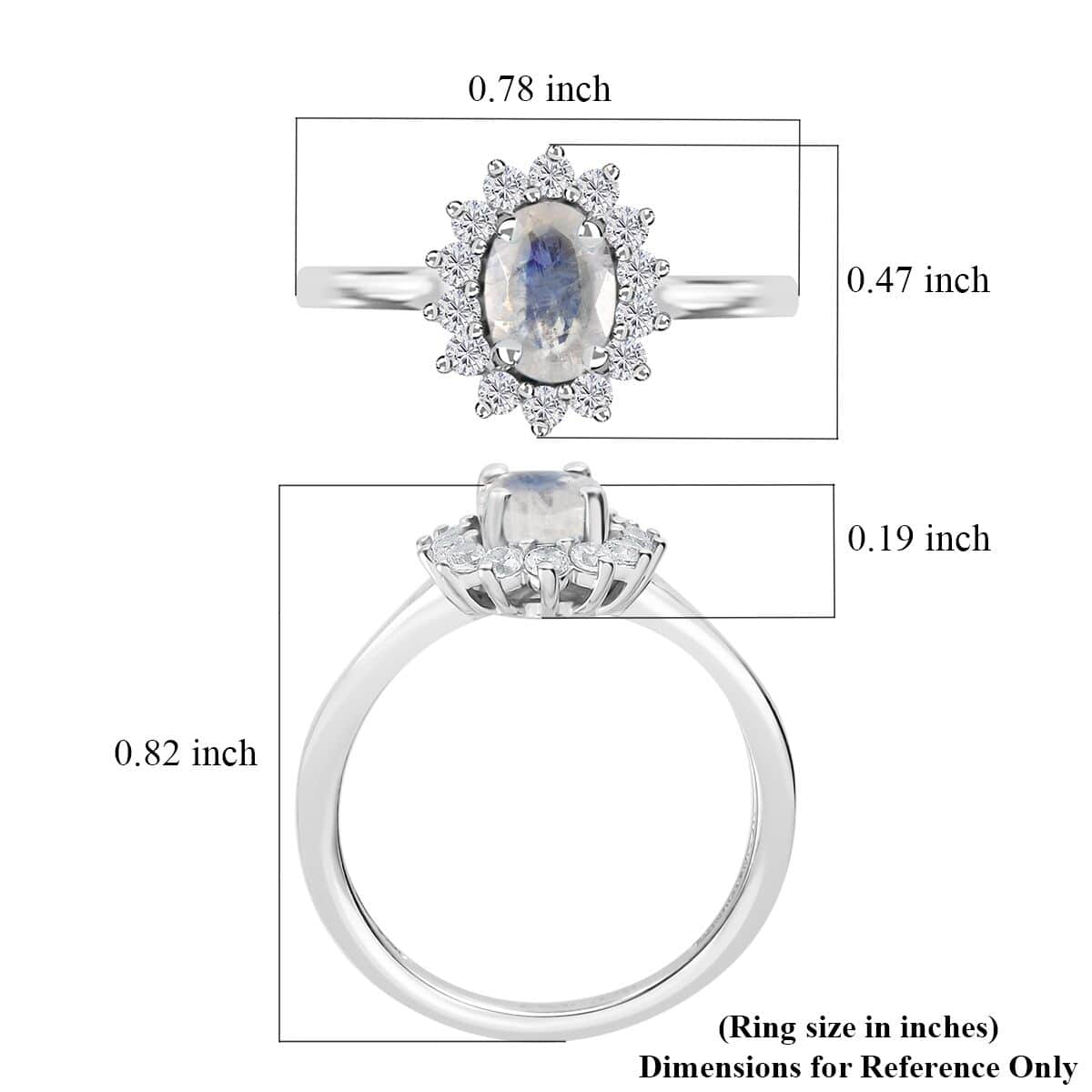 Rainbow Moonstone and White Zircon Ring in Platinum Over Sterling Silver (Size 7.0) 1.15 ctw image number 5