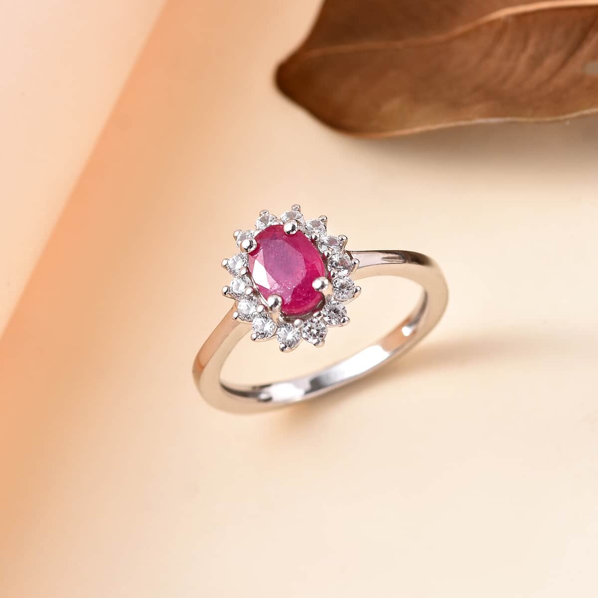 Niassa Ruby (FF) and White Zircon Sunburst Ring in Platinum Over Sterling Silver (Size 5.0) 1.70 ctw image number 1