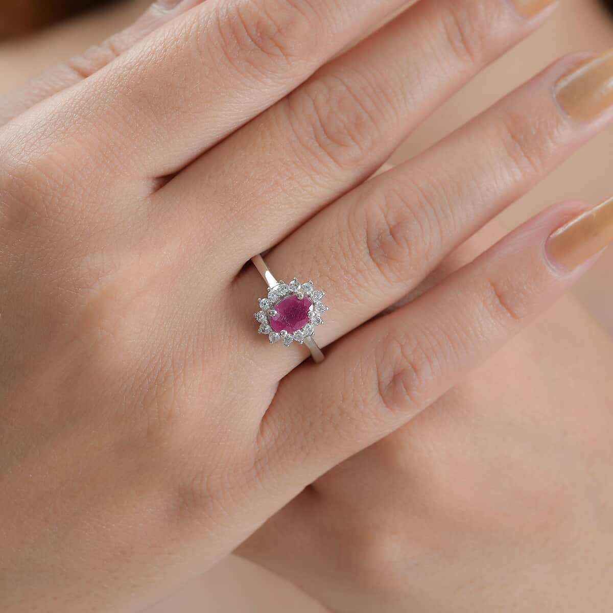 Niassa Ruby (FF) and White Zircon Sunburst Ring in Platinum Over Sterling Silver (Size 6.0) 1.70 ctw image number 2